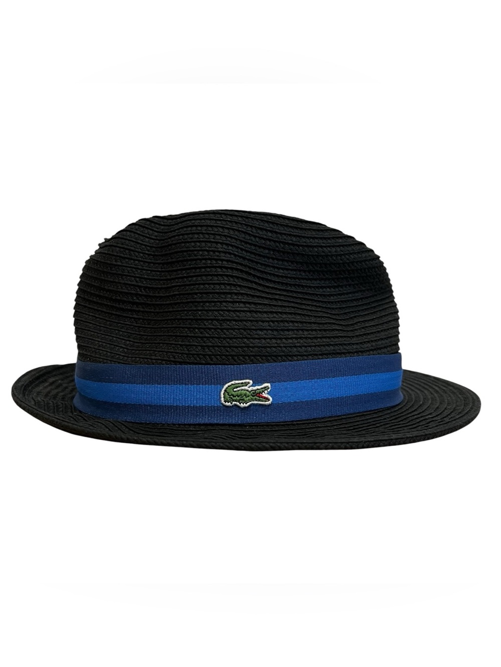 Lacoste Devanlay Black Straw Fedora with Blue Band and Crocodile Patch Medium